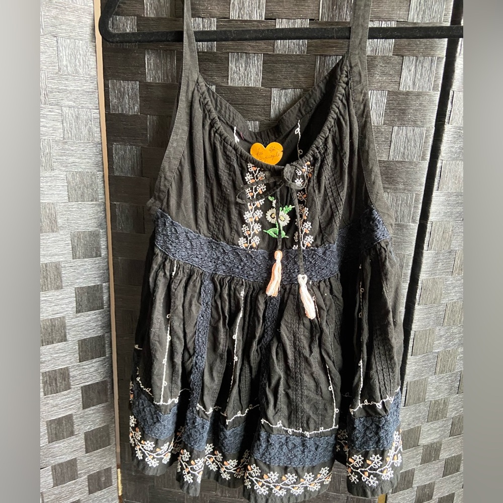 Free People Black and Blue Embroidered Top